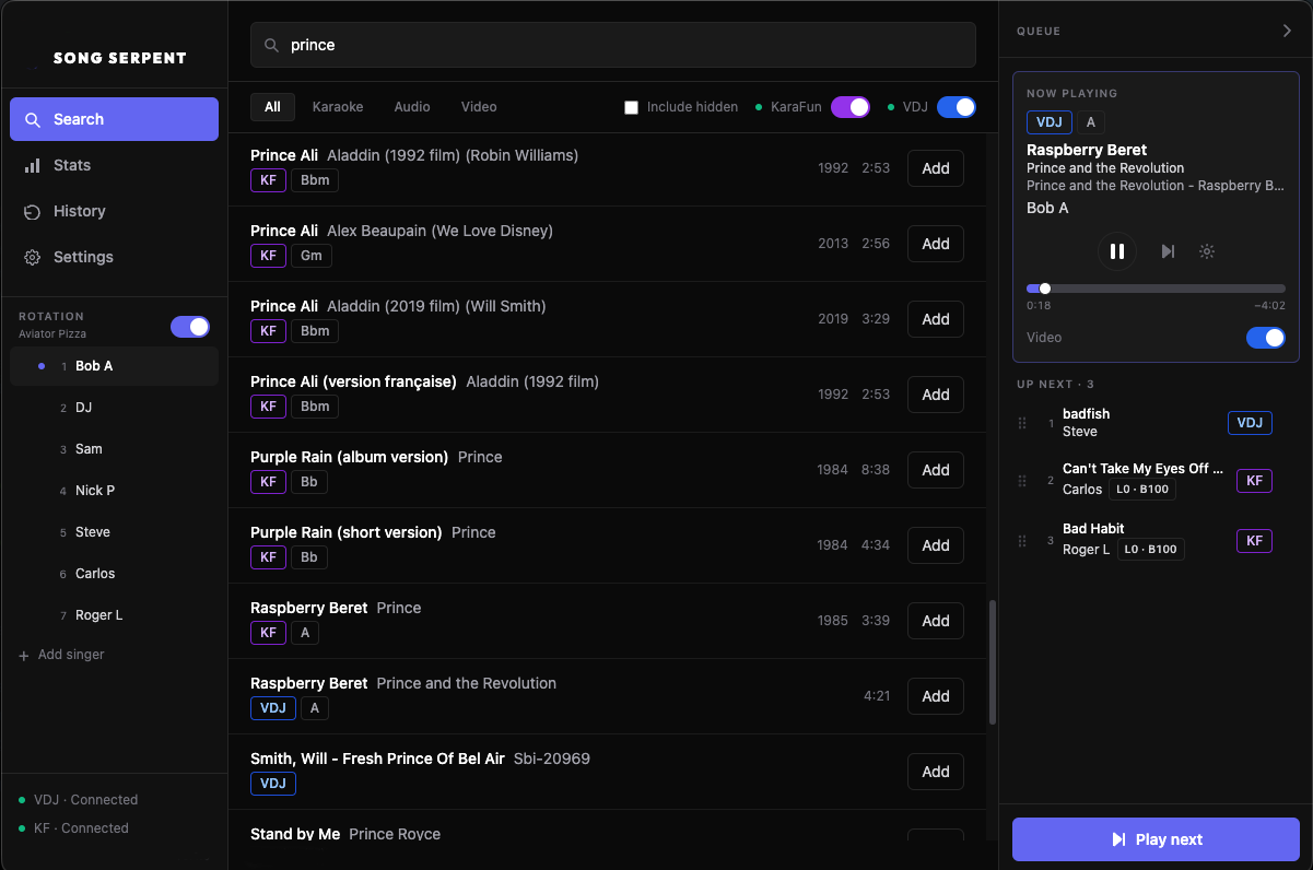 Song Serpent desktop search results across KaraFun and VirtualDJ with singer rotation and queue