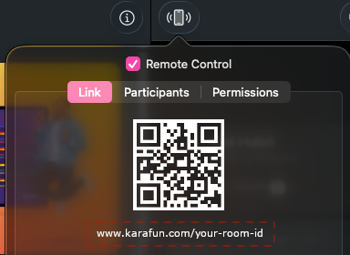 KaraFun Remote Control Link tab showing the room URL and QR code